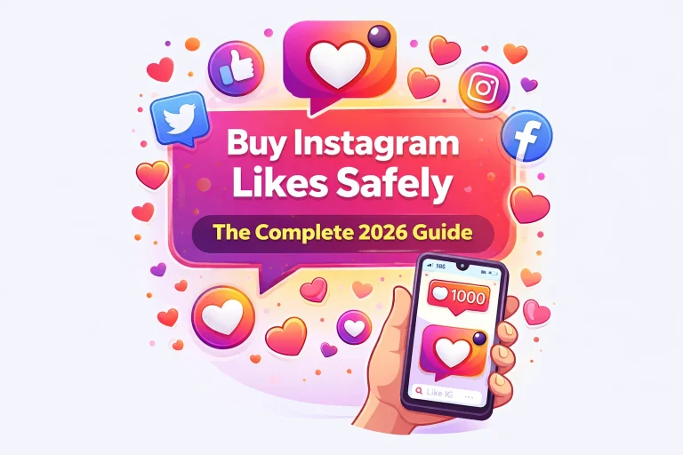 Buy Instagram likes safely - smartphone showing Instagram app with heart icons and engagement notifications