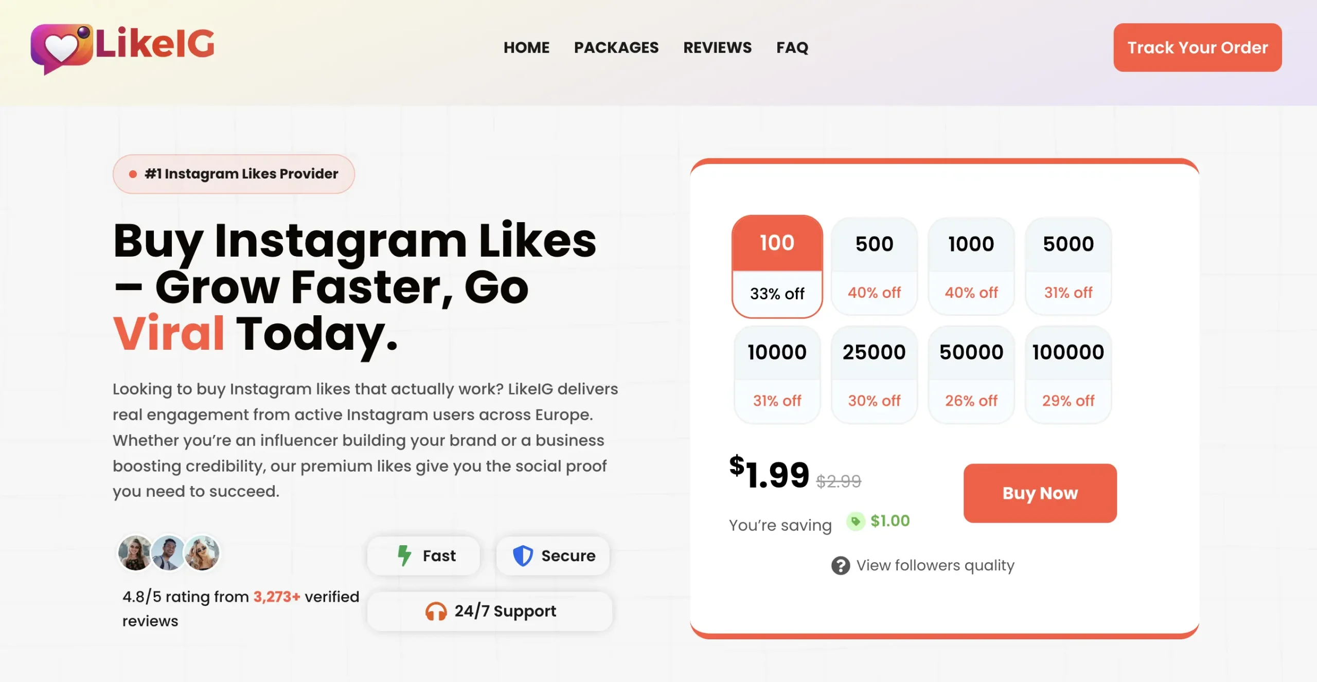 LikeIG website dashboard showing Instagram likes packages with 4.9 star rating and real account delivery features