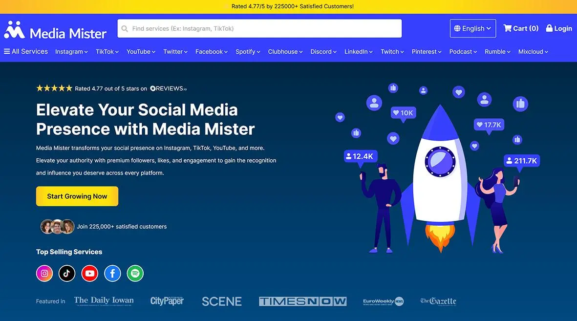 Media Mister dashboard showing Instagram likes packages with 4.7 star rating and multi-platform social media growth services