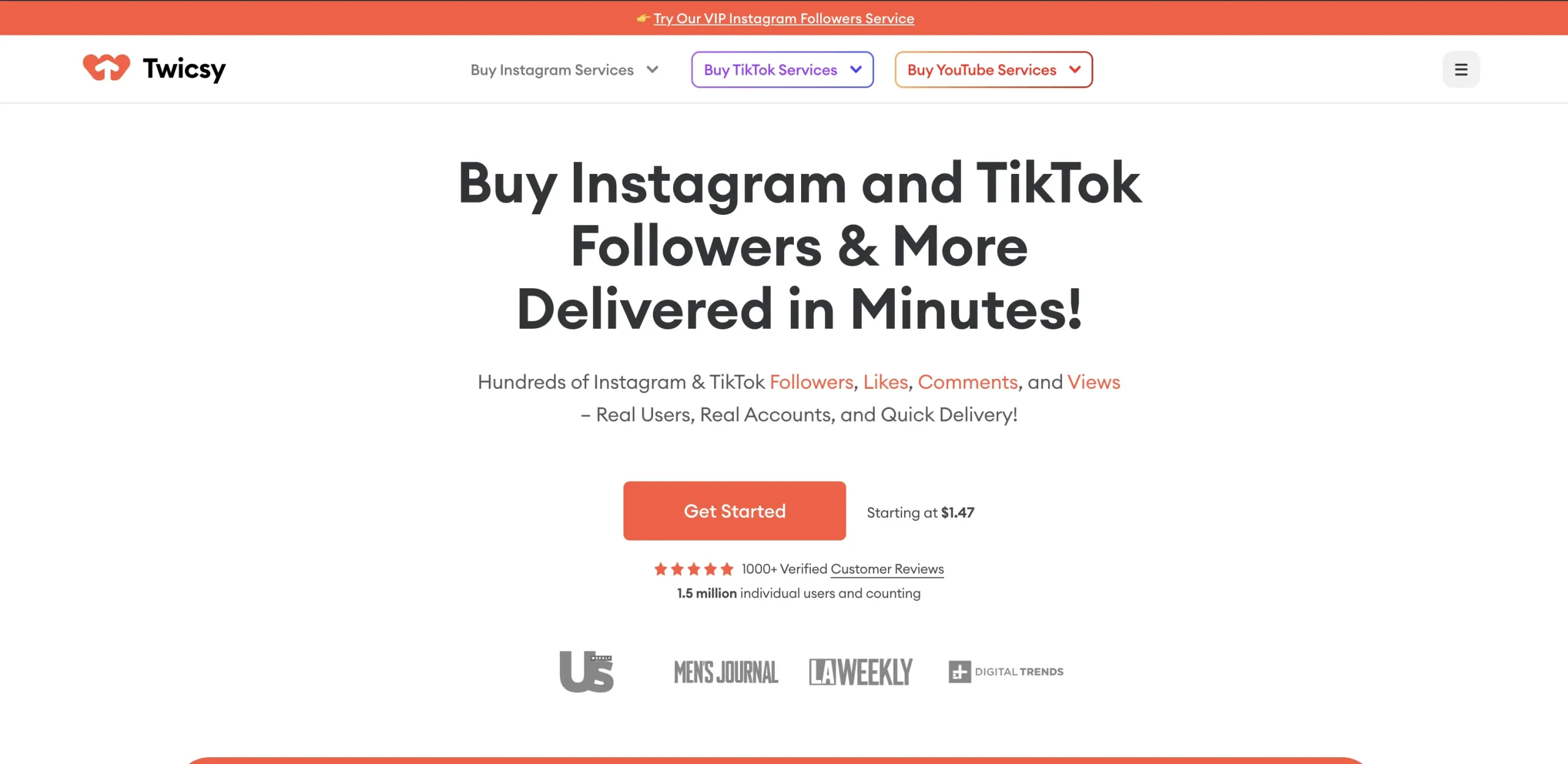 Twicsy instant Instagram likes service showing 4.3 star rating with speedy delivery starting at $1.47 and one-minute checkout process