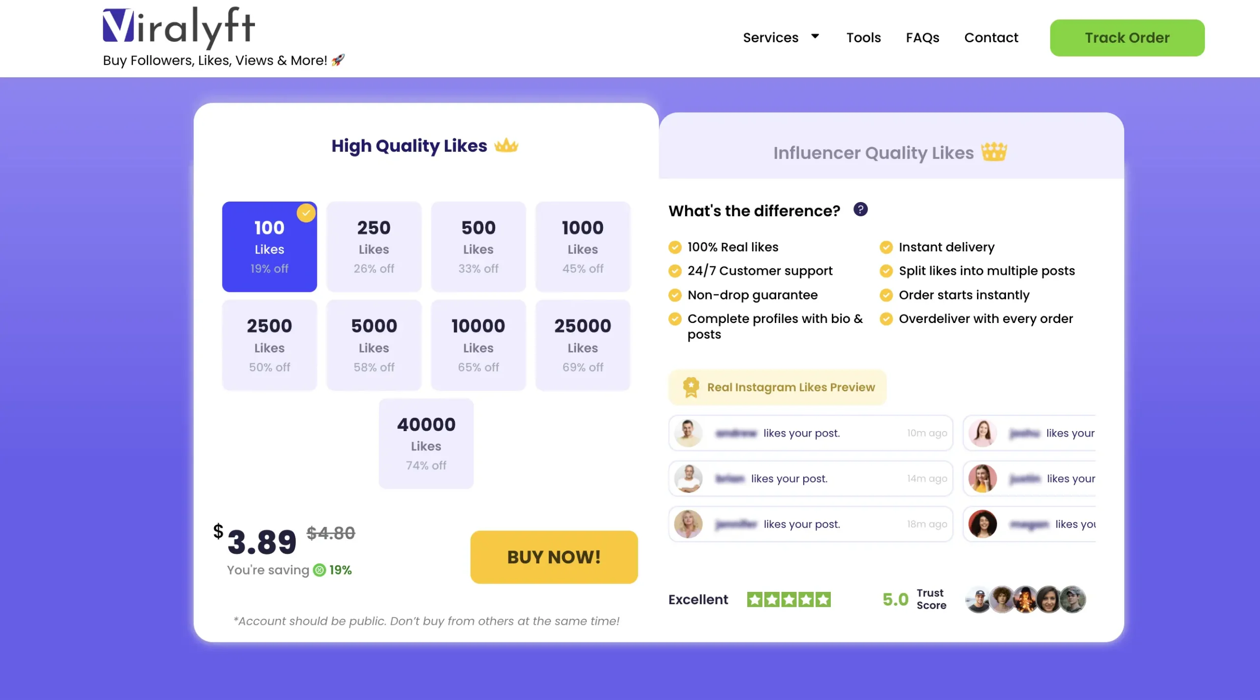 Viralyft ad-driven Instagram likes service showing 4.6 star rating with real user engagement through Instagram advertising platform